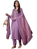 Anni Designer Women'S Rayon Blend Printed Straight Kurta With Pant & Dupatta (Toxic Purple-Vks01_L_Purple_Large),Purple,L,,,
