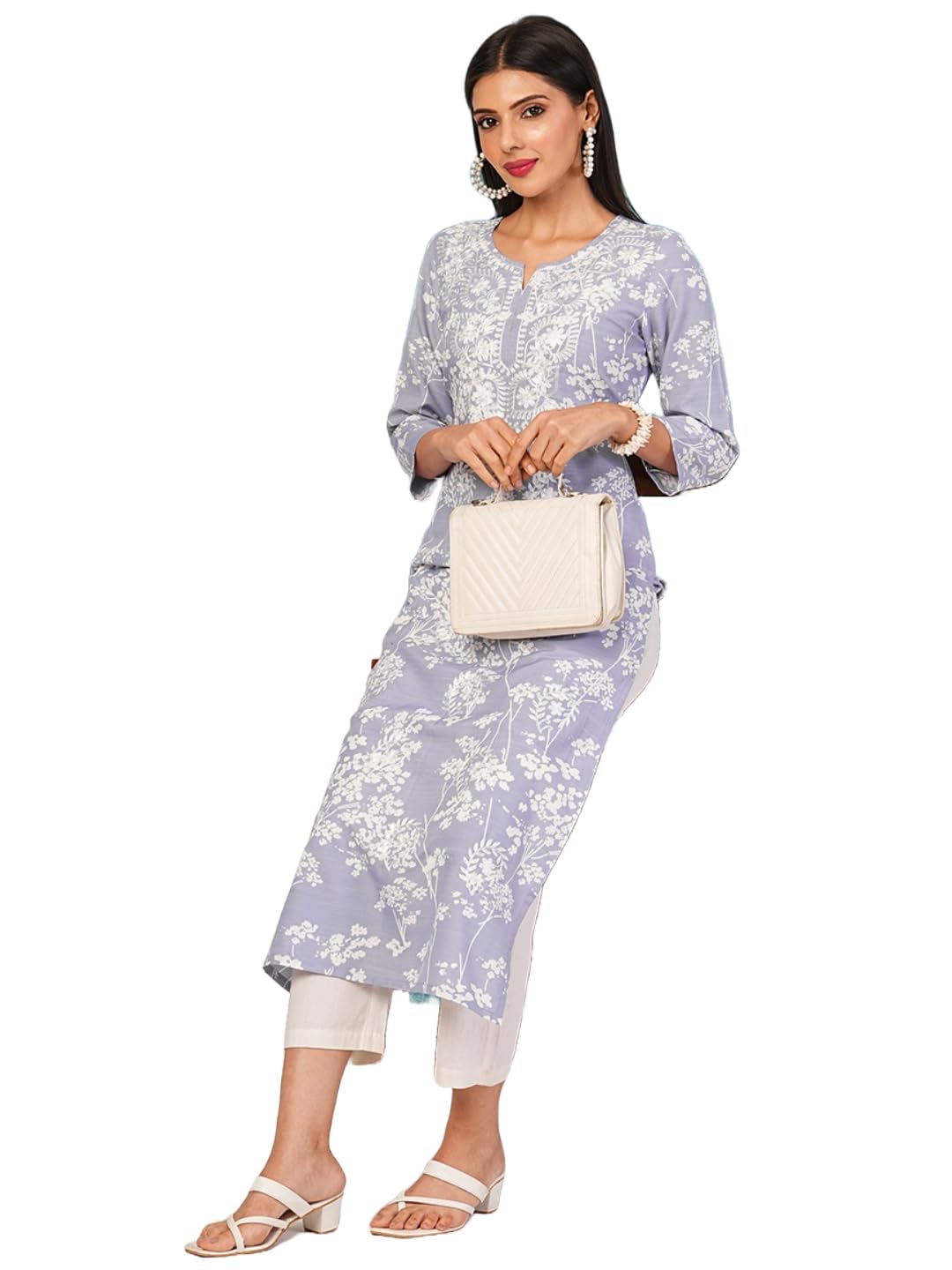 Gosriki Women'S Cotton Blend Chikankari Embroidered Straight Kurta (Zainab Grey-Bj-Gs_L_Grey_Large),Grey,,B0D4J5RJQS