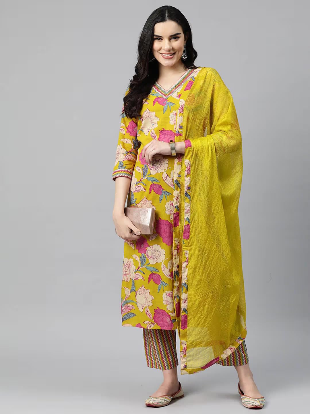 Anni Designer Women'S Rayon Blend Printed Straight Kurta With Pant & Dupatta (Ganita Mustrad-Vks04_4Xl_Mustard_Xxxx-Large),Mustard,4XL,Rayon Blend,Regular,