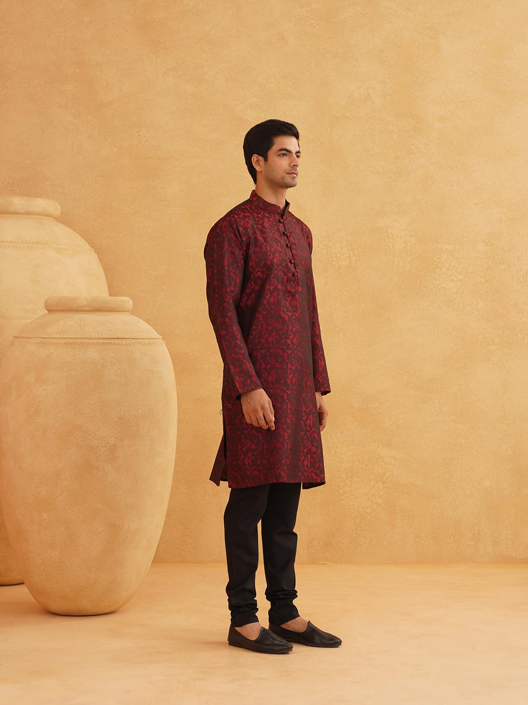 Sojanya (Since 1958 Men'S Maroon Jacquard Silk Only Long Kurta Size: Xl