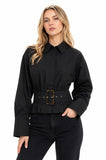 Mad Love WomenS Super Smart Semi Crop Top With Attached Buckle Belt | Premium Long Sleeve Shirt Top | Stylish Casual Party Offic
