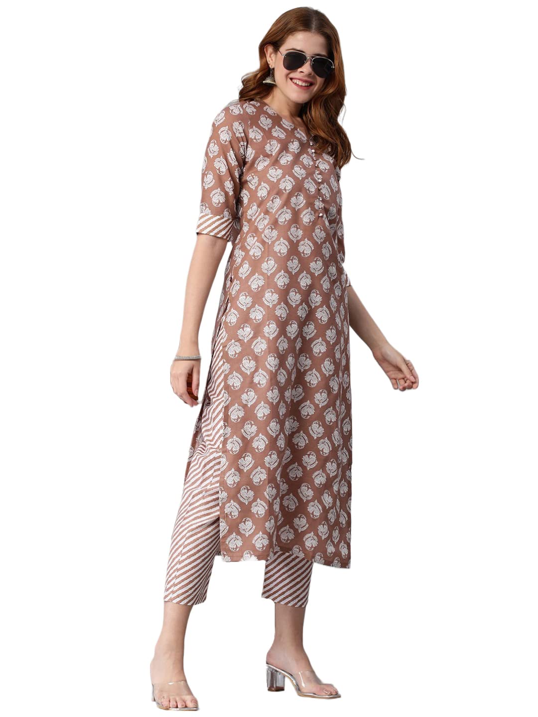 Gosriki Women'S Cotton Blend Printed Straight Kurta With Pant (Funnu Brown-Nw5-Gs_Xxl_Brown_Xx-Large),Brown,2,B0BXLQ34NQ