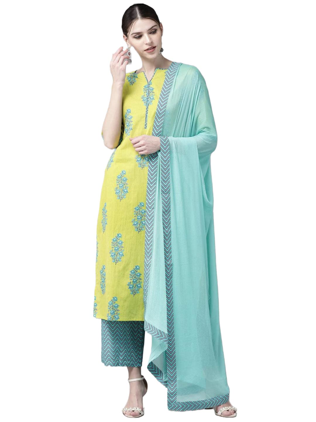 Anni Designer Women'S Cotton Blend Straight Printed Kurta With Pant & Dupatta (Pari Green_Xxl_Green_Xx-Large),Green,2XL