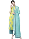 Anni Designer Women'S Cotton Blend Straight Printed Kurta With Pant & Dupatta (Pari Green_Xxl_Green_Xx-Large),Green,2XL