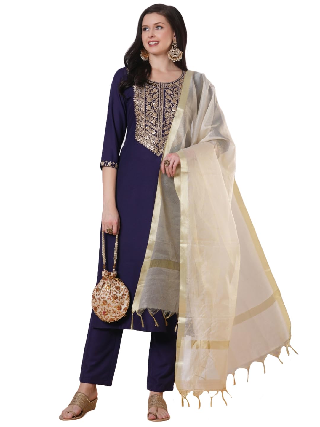 Anni Designer Women'S Rayon Viscose Embroidered Straight Kurta With Pant & Dupatta (Tudari Blue_Xxl_Blue_Xx-Large),Blue,2XL,,,