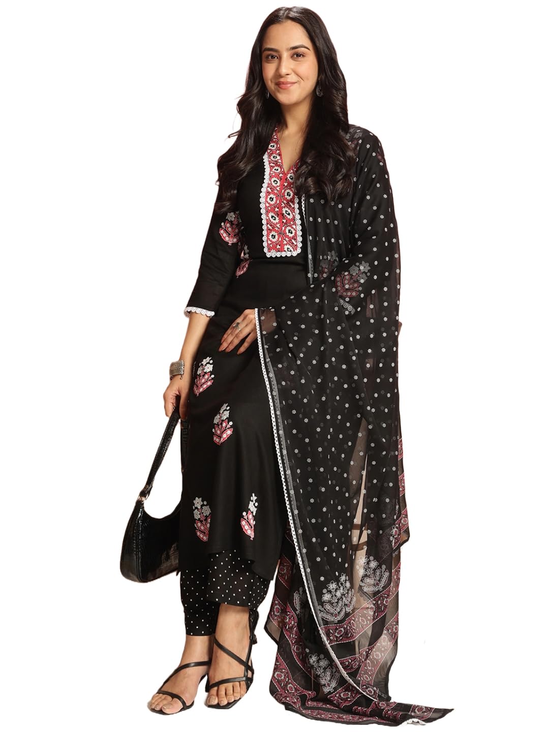 Anni Designer Women'S Rayon Viscose Printed Straight Kurta With Pant & Dupatta (Belagavi Black-Vks04_M_Black_Medium),Black,M,,,