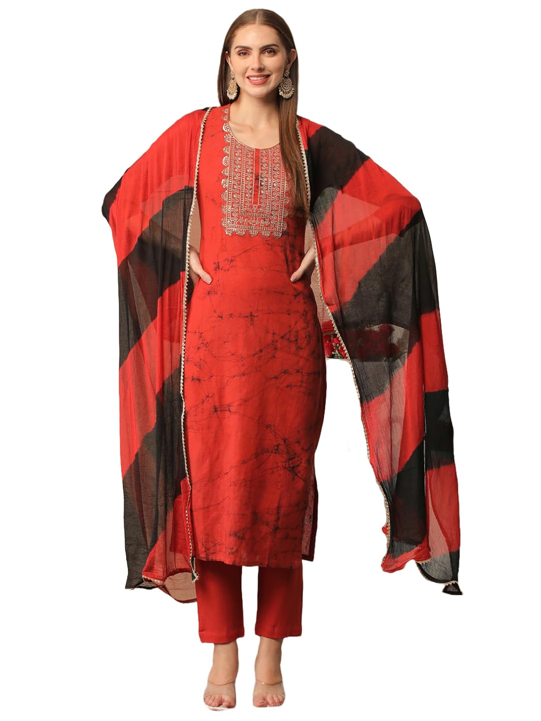 Gosriki Women'S Cotton Blend Printed Straight Kurta With Pant & Dupatta (Atal Red-Gs_Xl_Maroon_X-Large),Red,,B0D2NBDNZT