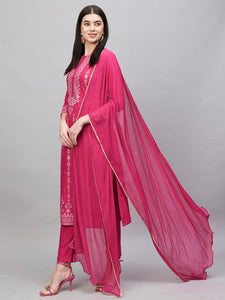 Gosriki Women'S Cotton Blend Straight Printed Kurta With Pant & Dupatta (Veronica Rani-Gs_S_Pink_Small),Pink,,B0CTHWVGH1