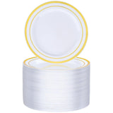 BESTVIP 100PCS Gold Plastic Plate, 7 Inch Disposable Dessert Plate Party with Gold Rim, Heavy Duty Disposable Plastic Plates for