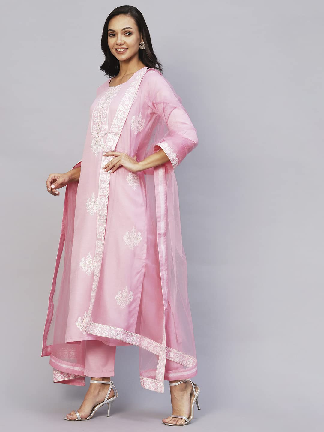 Anni Designer Women'S Cotton Blend Embroidered Straight Kurta With Pant & Dupatta (Weekend Pink_M_Pink_Medium),Pink,M,Cotton Blend,Anarkali,Kurta, Scarf