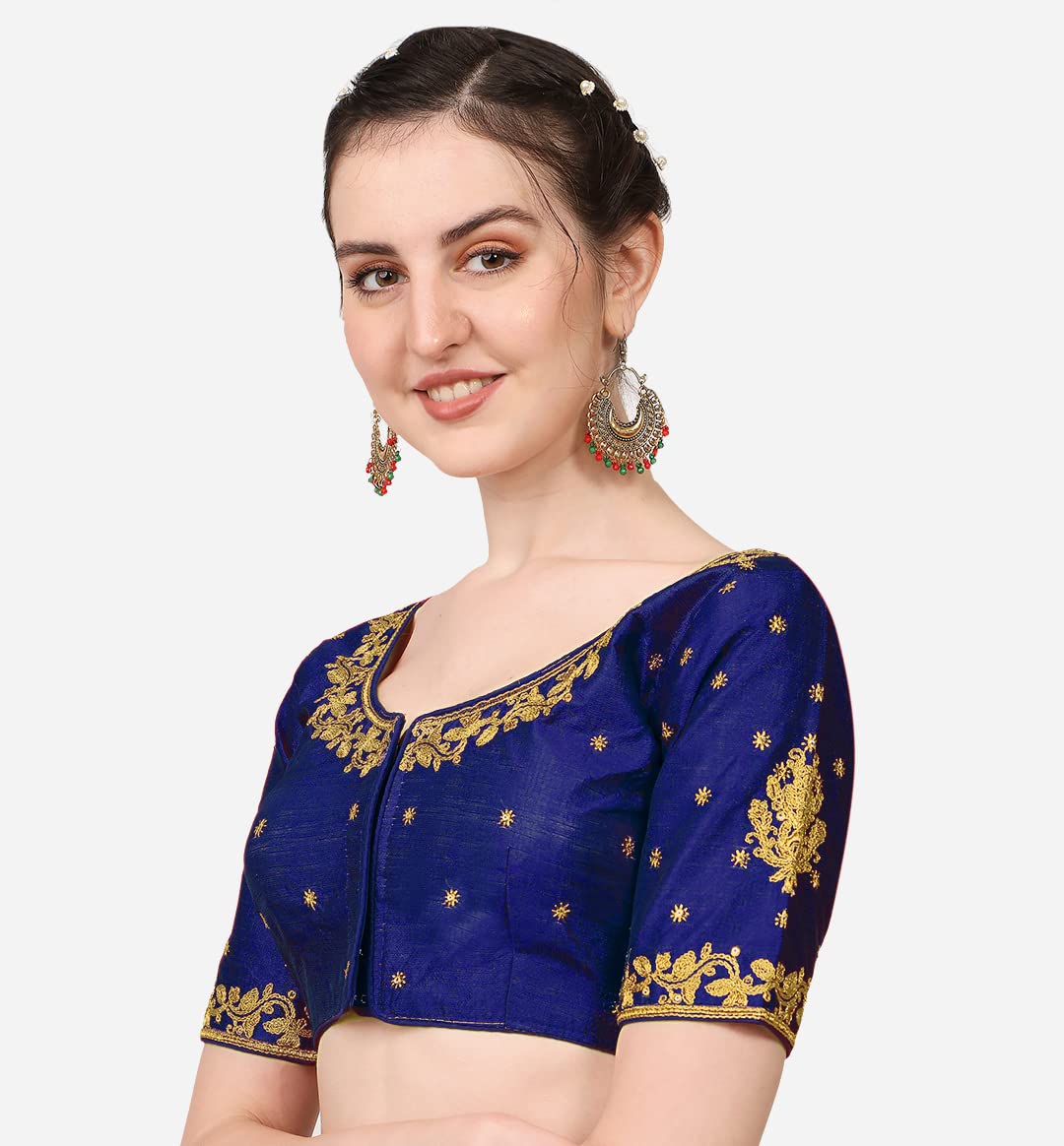Vihu Fashion Women'S Multicolour Phantom Silk Heavy Embroidery Half Sleeve Readymade Saree Blouse For Lehenga Choli (Navy Blue,