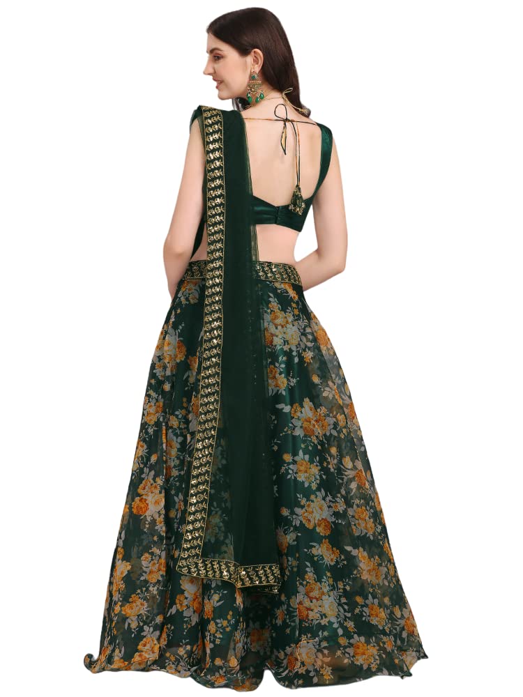 Fashion Basket Women'S Floral Organza Semi Stitched Green Lehenga Choli Green Free Size Fbr8097