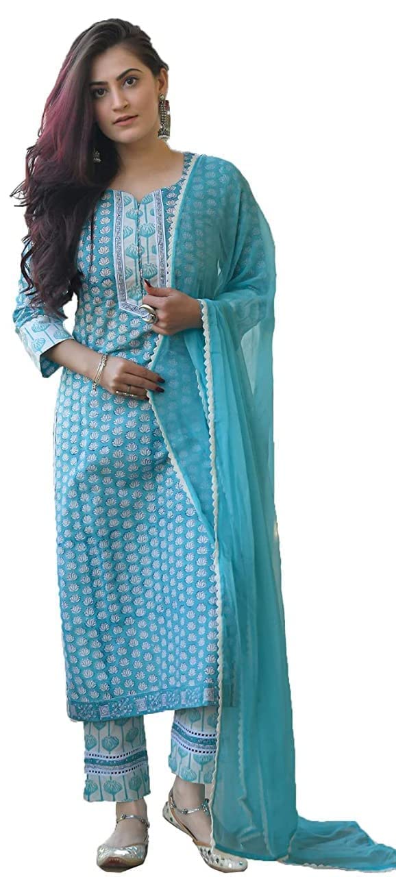 Anni Designer Women'S Cotton Blend Printed Straight Kurta With Pant & Dupatta (Sky Bird-Blue_S_Blue_Small),Blue,S
