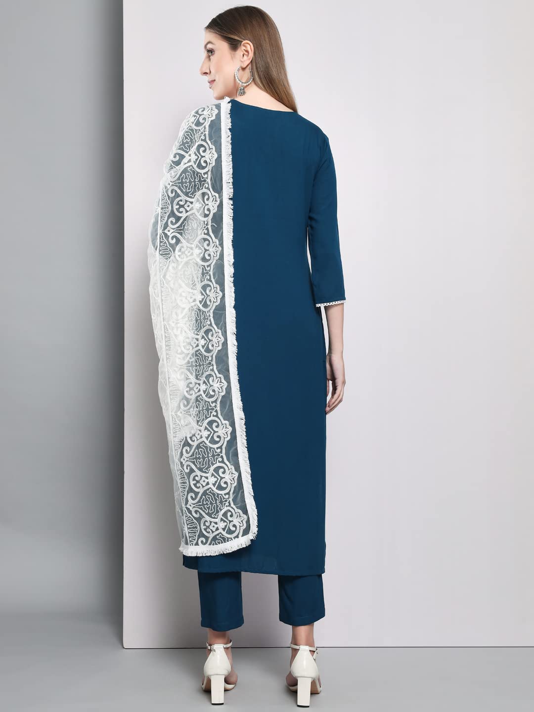 Anni Designer Women'S Cotton Blend Embroidered Straight Kurta With Pants & Dupatta (Asana-Cersoin_L_Dark Blue_Large),Dark Blue,L,Cotton Blend,Regular,Dupatta