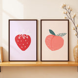 SoulAbiti Strawberry & Peach Crayon Illustration Framed Wall Art Print Set of 2 12x18 inch Dark Brown Frame PlexiGlass Aestheti