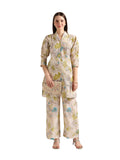 Leriya Fashion Soft Cotton Blend Floral Foil Print Puff Sleeve Shawl Collar Straight Kurta Pant Set for Women Causal Festival Of