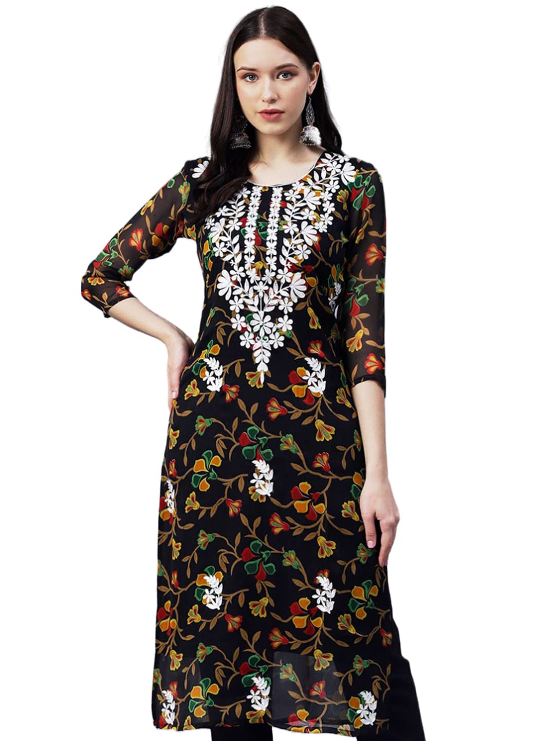 Anni Designer Women'S Printed Georgette Chikankari Embroidered Kurti (Gori-Black_M_Black_Medium),Black,M