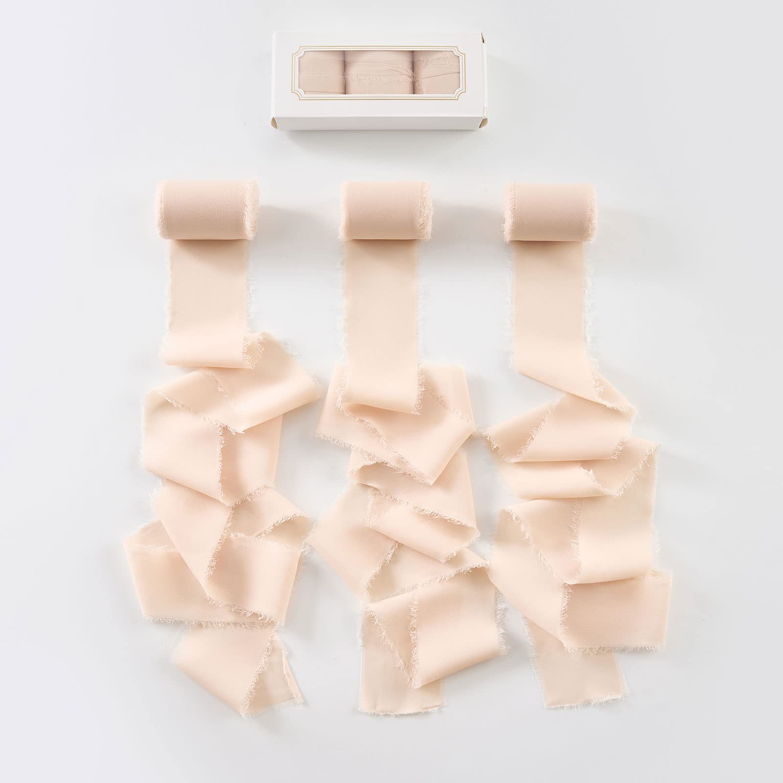 Pretty Jolly Beige Chiffon Ribbon for Gift Wrapping 3 Rolls 2 Inch x 7Yd Silk Ribbons Handmade Fringe Fabric Ribbon for Flower B