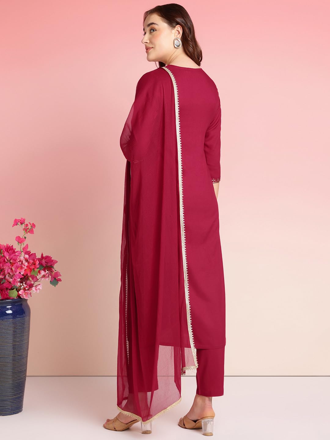 Anni Designer Women'S Rayon Blend Embroidered Straight Kurta With Pant & Dupatta (Ramdhani Maroon_S_Maroon_Small),Maroon,S,Rayon Blend,Classic,