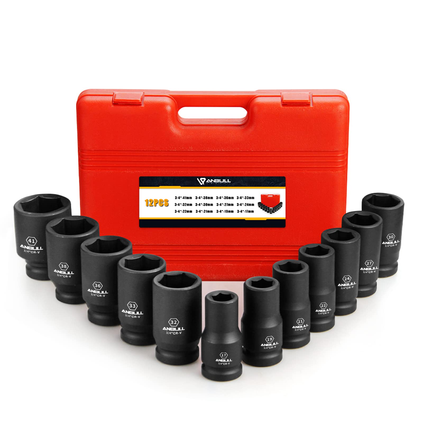 Anbull 3/4 Inch Drive Deep Impact Socket Set, 12 Piece Metric Combination, Sizes 17mm 19mm 21mm 22mm 24mm 27mm 30mm 32mm 33mm 36
