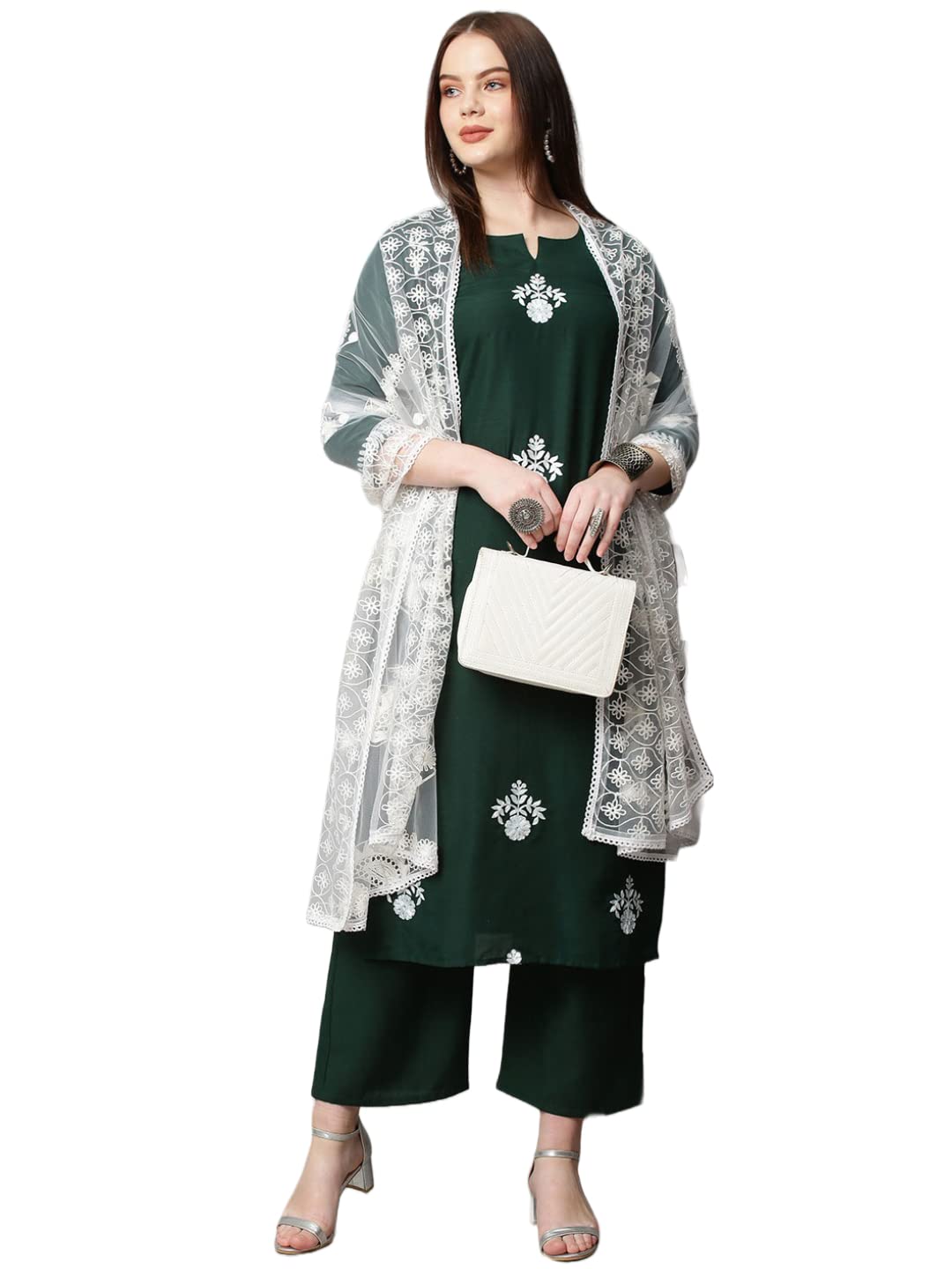 Anni Designer Women'S Cotton Blend Straight Embroidered Kurta With Palazzo & Dupatta (Coin Green_5Xl_Green_Xxxxx-Large),Green,5XL