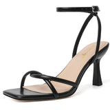 RIBONGZ Women 's Heeled Black Sandals Square Open Toe Kitten Strappy Heels with Ankle Strap Elegant Summer Wedding Party Evening