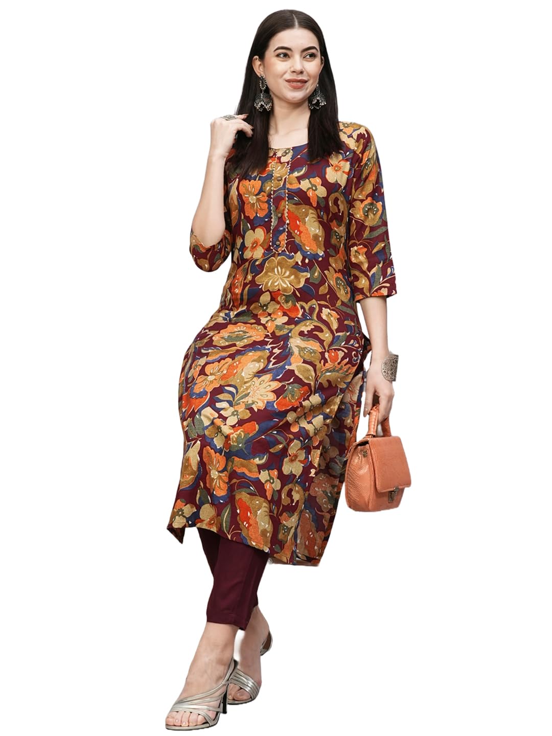 Anni Designer Women'S Cotton Blend Straight Printed Kurta With Pant (Jabala Wine_M_Wine_Medium),Wine,M