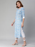 Anni Designer Women'S Cotton Blend Traditional Straight Printed Kurta With Pant Set (Aneka Blue_Xxl_Blue_Xx-Large),Blue,2XL,Cotton Blend,Regular,Pants