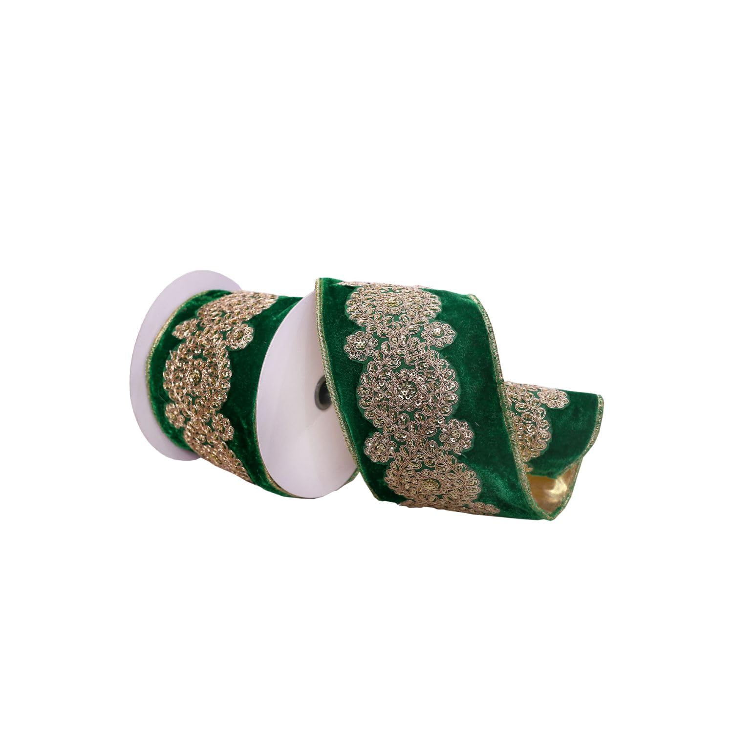 Vickerman 4 X 5 Yards Emerald Velvet Ribbon With Light Gold Embroidery Wired Edge Christmas Ribbon.