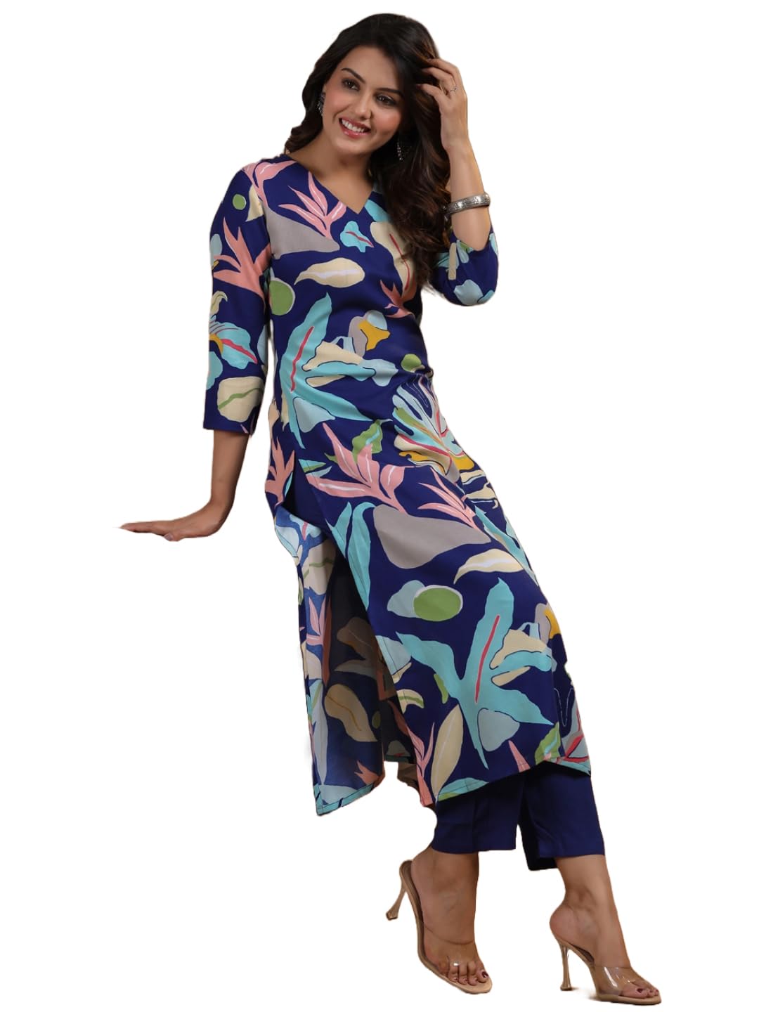 Anni Designer Women'S Rayon Blend Straight Printed Kurta With Pant (Jonaki Navy Blue_L_Navy Blue_Large),Navy Blue,L