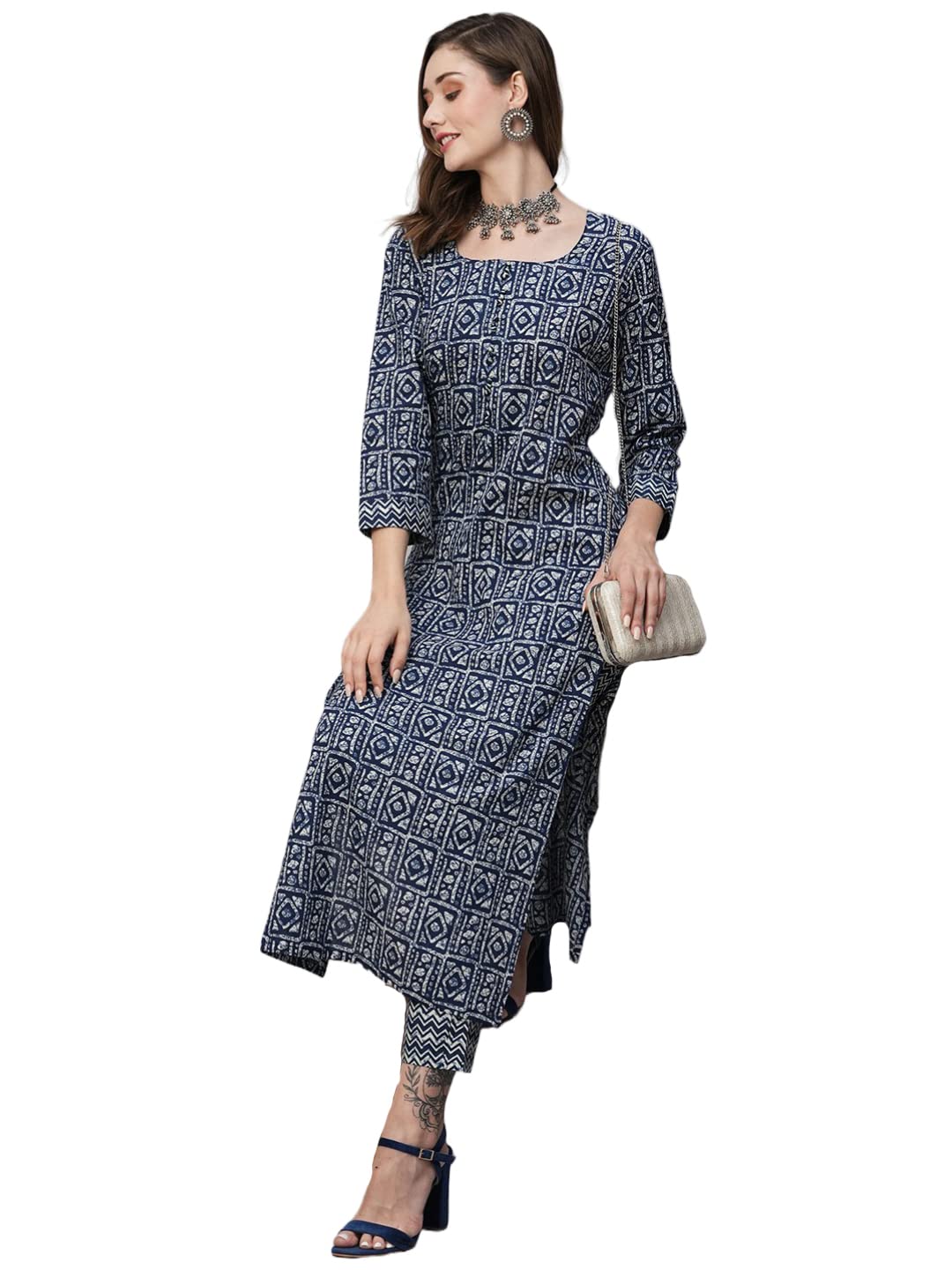 Anni Designer Women'S Cotton Blend Straight Printed Kurta With Pant (Yami Blue_M_Blue_Medium),Blue,M