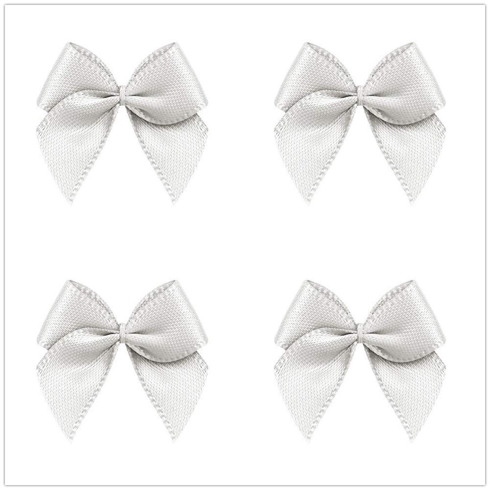VIVIQUEN 50pcs Mini Satin Ribbon Bows Ribbon Flowers 25mm x 26mm Appliques DIY Craft for Sewing, Scrapbooking, Wedding, Gift (Wh