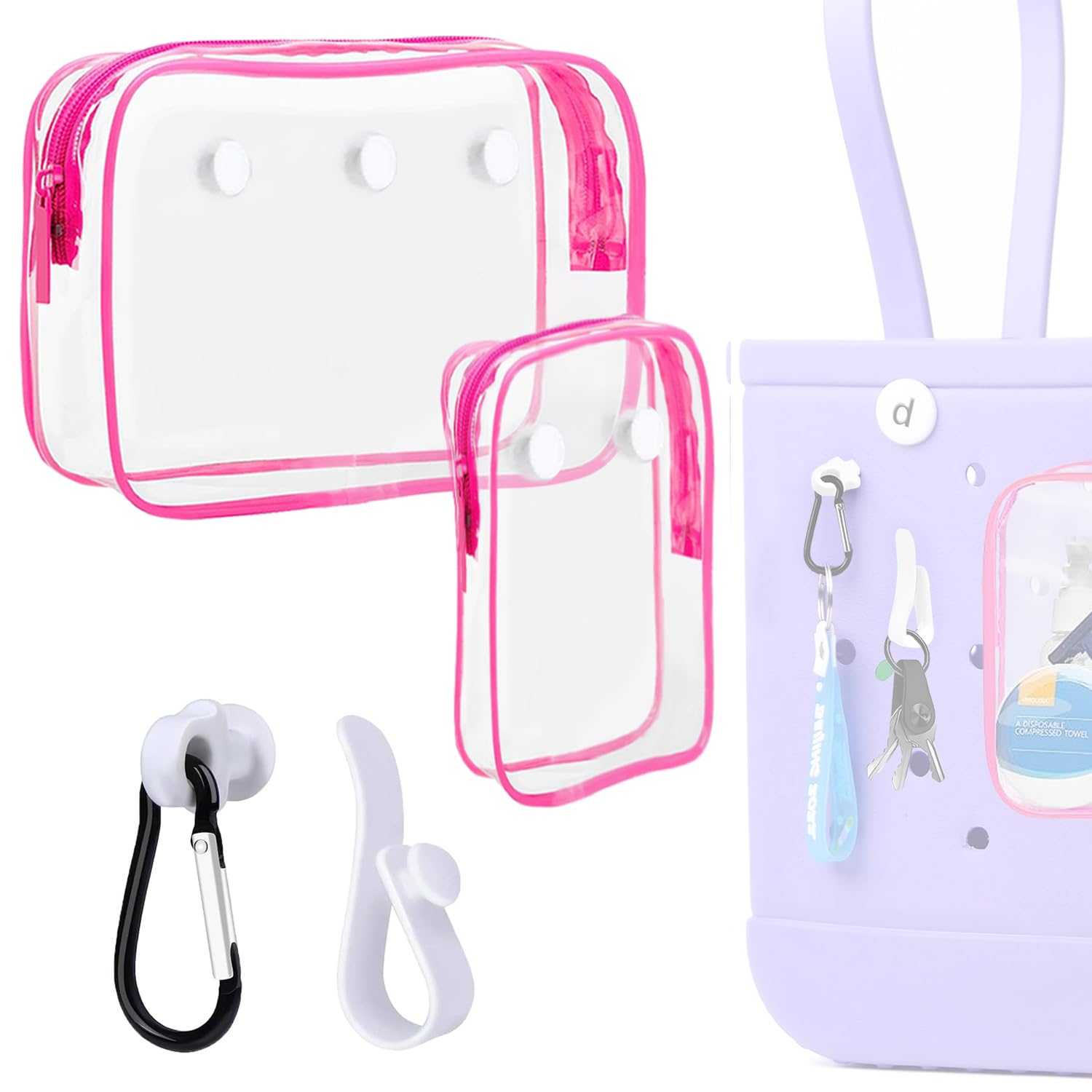 Everfunny 3 Packs Clear Bogg Beach Tote Bag with 2 Pack Insert Hooks Accessories for Bogg Bags Travel Makeup Clean Toiletry Brus
