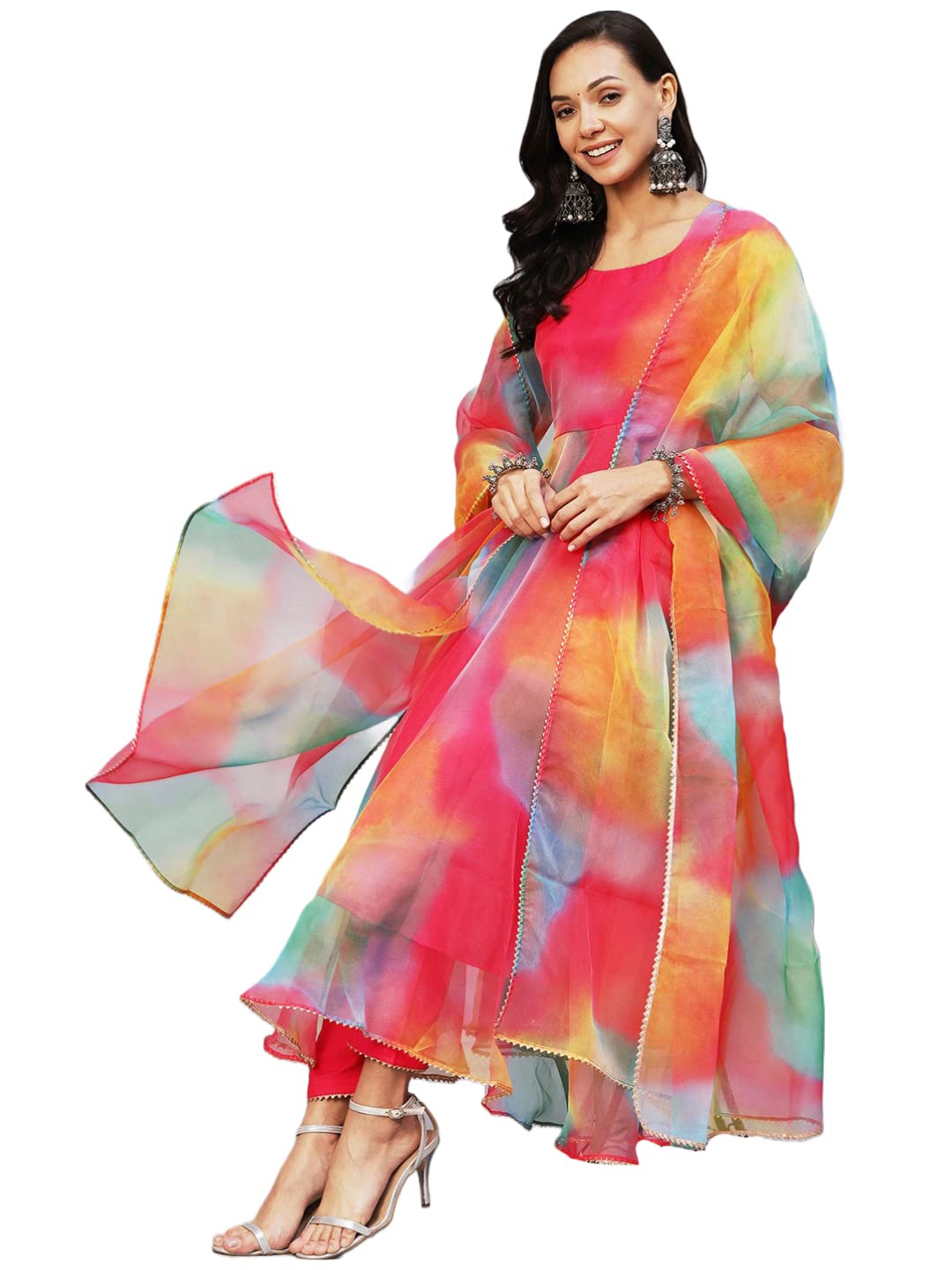 Gosriki Women'S Organza Anarkali Floral Printed Kurta With Pant & Dupatta (Chakrika-Multi-Gs_4Xl_Multi_Xxxx-Large) Multicolour,Multicolour,4,B0C3XVTFX7