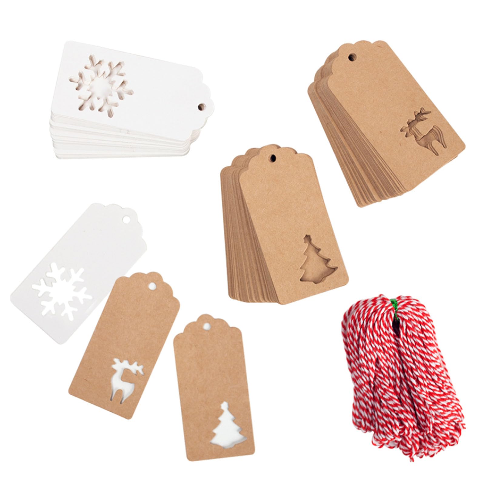 SallyFashion 150 PCS Christmas Tags, Kraft Paper Gift Tags Hang Labels with 20M Red and White String, Christmas Tree, Snowflake,