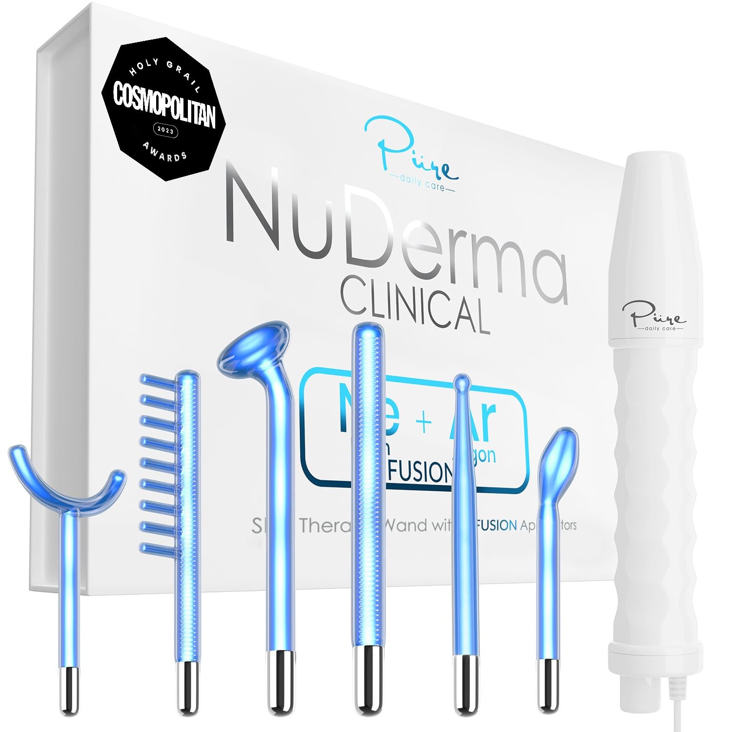 NuDerma Clinical Skin Therapy Wand - Portable Skin Therapy Machine w 6 Fusion Neon + Argon Wands - Anti Aging - Clarifying - Ski