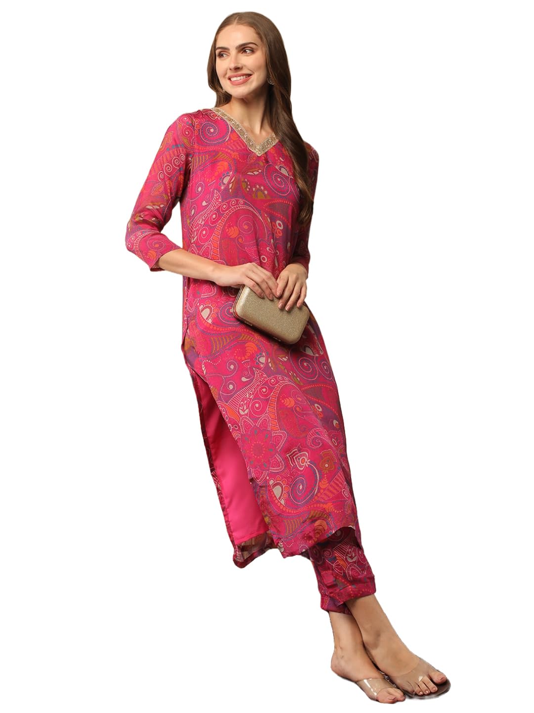 Gosriki Women'S Cotton Blend Straight Printed Kurta With Pant (Jijaji Pink-Nh-Gs_L_Pink_Large),Pink,,B0D2NF49BH
