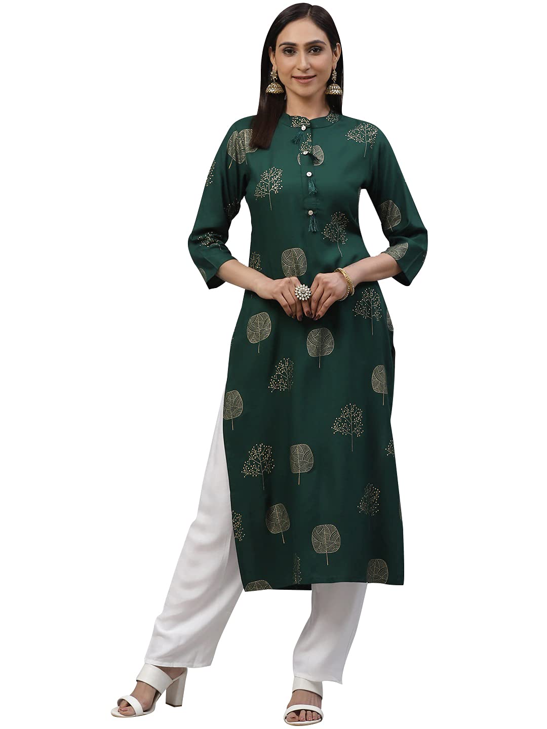 Anni Designer Women'S Rayon Printed Straight Kurta With Palazzo (Pan Flower-02-Green_L),Green,L
