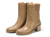Coutgo Womens Platform Mid Calf Boots Chunky Block Heel Round Toe Boots Fall Winter Shoes, Khaki, Size 8.5