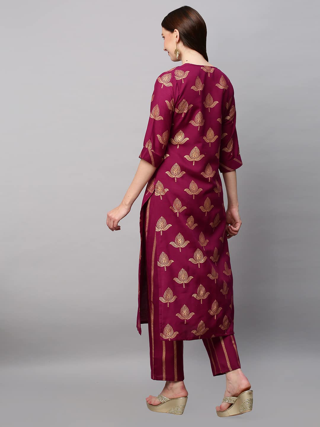 Anni Designer Women'S Cotton Blend Printed Straight Kurta With Pant (Garbha Wine_L_Wine_Large),Wine,L,Cotton Blend,Regular,Kurta with Pant