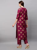 Anni Designer Women'S Cotton Blend Printed Straight Kurta With Pant (Garbha Wine_M_Wine_Medium),Wine,M,Cotton Blend,Regular,