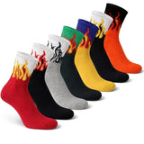Rozzyblue Flame Design Crew Socks, Multicolor Cotton Blend, Athletic Style, Novelty Fire Pattern, 7 Pack