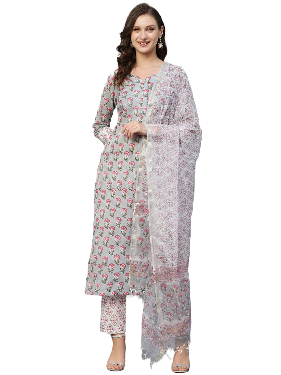 Anni Designer Women'S Cotton Blend Straight Printed Kurta With Pant & Dupatta (Lord Grey-Snw_L_Grey_Large),Grey,L