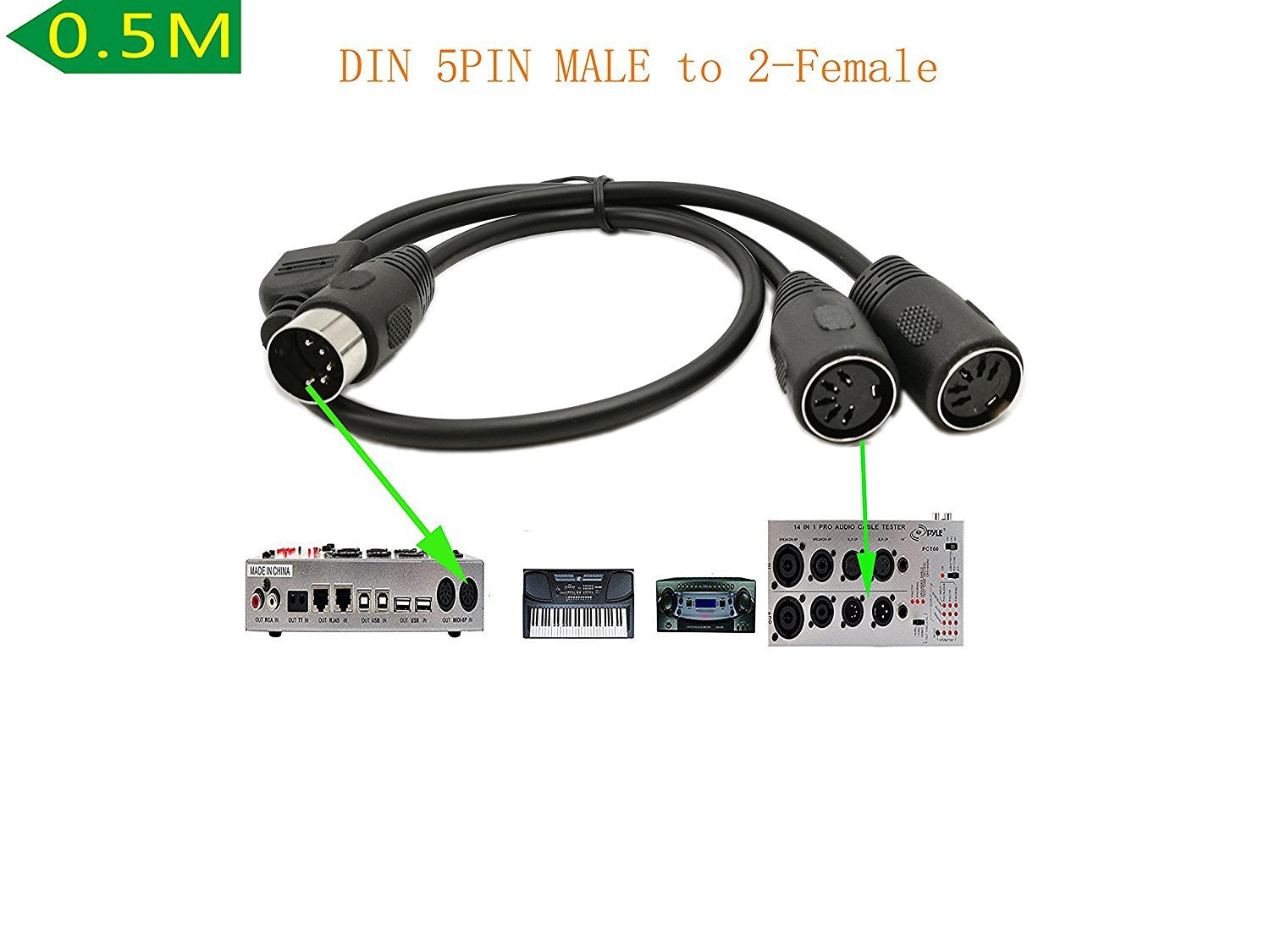SinLoon DIN 5-Pin Splitter Y Adapter MIDI Cable, MIDI 5 Pin Male to Dual 2 x DIN-5 Female Extension Audio Cable (D5P M-2F,0.5met