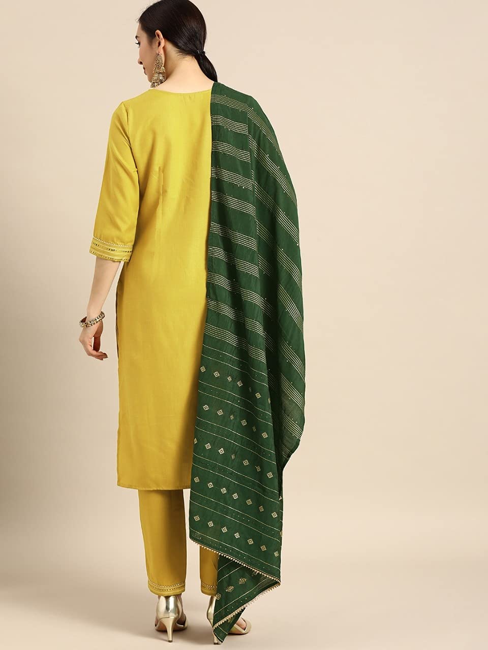 Anni Designer Women'S Ruby Cotton Straight Solid Kurta With Palazzo & Dupatta (Surat Mehandi_M-Yellow_Large),Yellow,L,Cotton,Straight,Dupatta