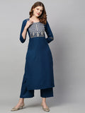 Gosriki Women'S Cotton Blend Straight Embroidered Kurta With Pant & Dupatta (Mahuni Blue_L-Go_Blue_Large),Blue,,B0B7X4598V