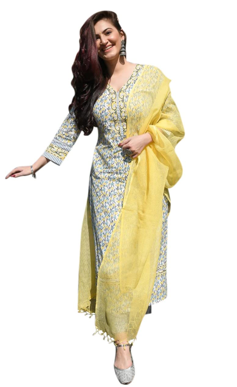 Anni Designer Women'S Cotton Blend Straight Kurta With Pant & Dupatta (Murhar-Yellow_S_Yellow_Small),Yellow,S