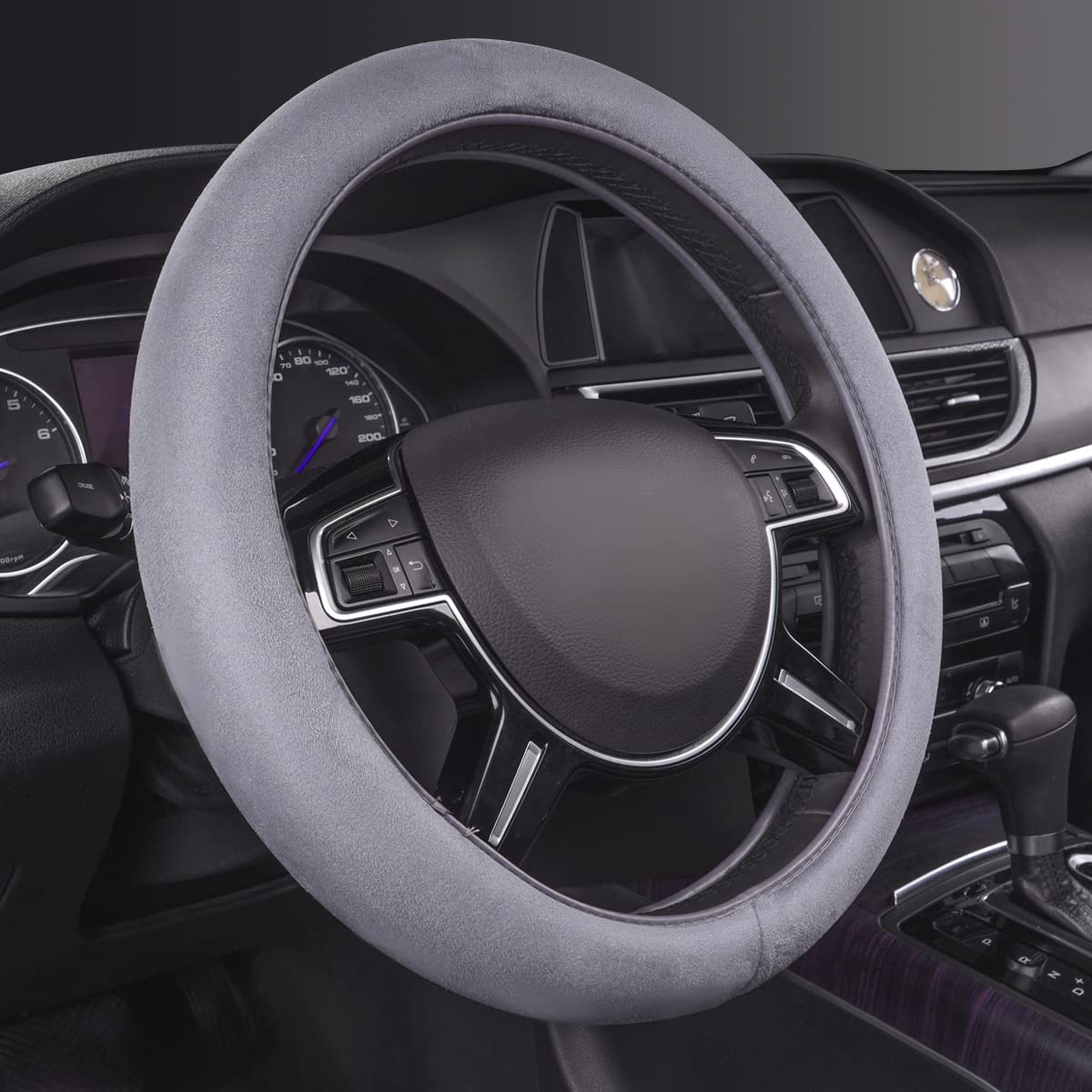 Car Pass Car Steering Wheel Cover,14.5-15 Inch Gray Faux Suede Universal Memory Foam Auto Steering Wheel Covers Breathable Anti-