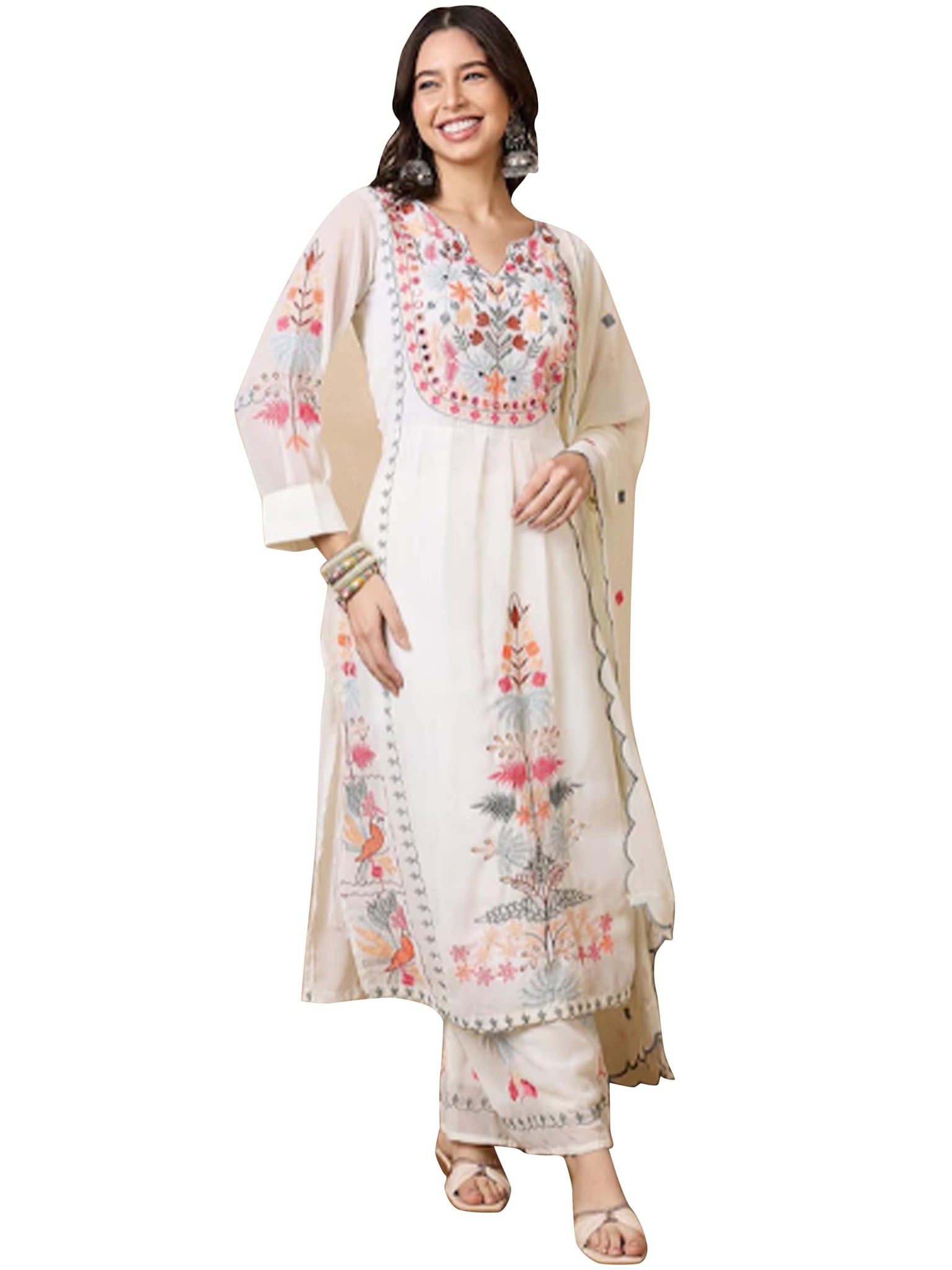 Fashion Basket Women's Faux Georgette Embroidered Straight Kurta with Dupatta (XX-Large, White)
