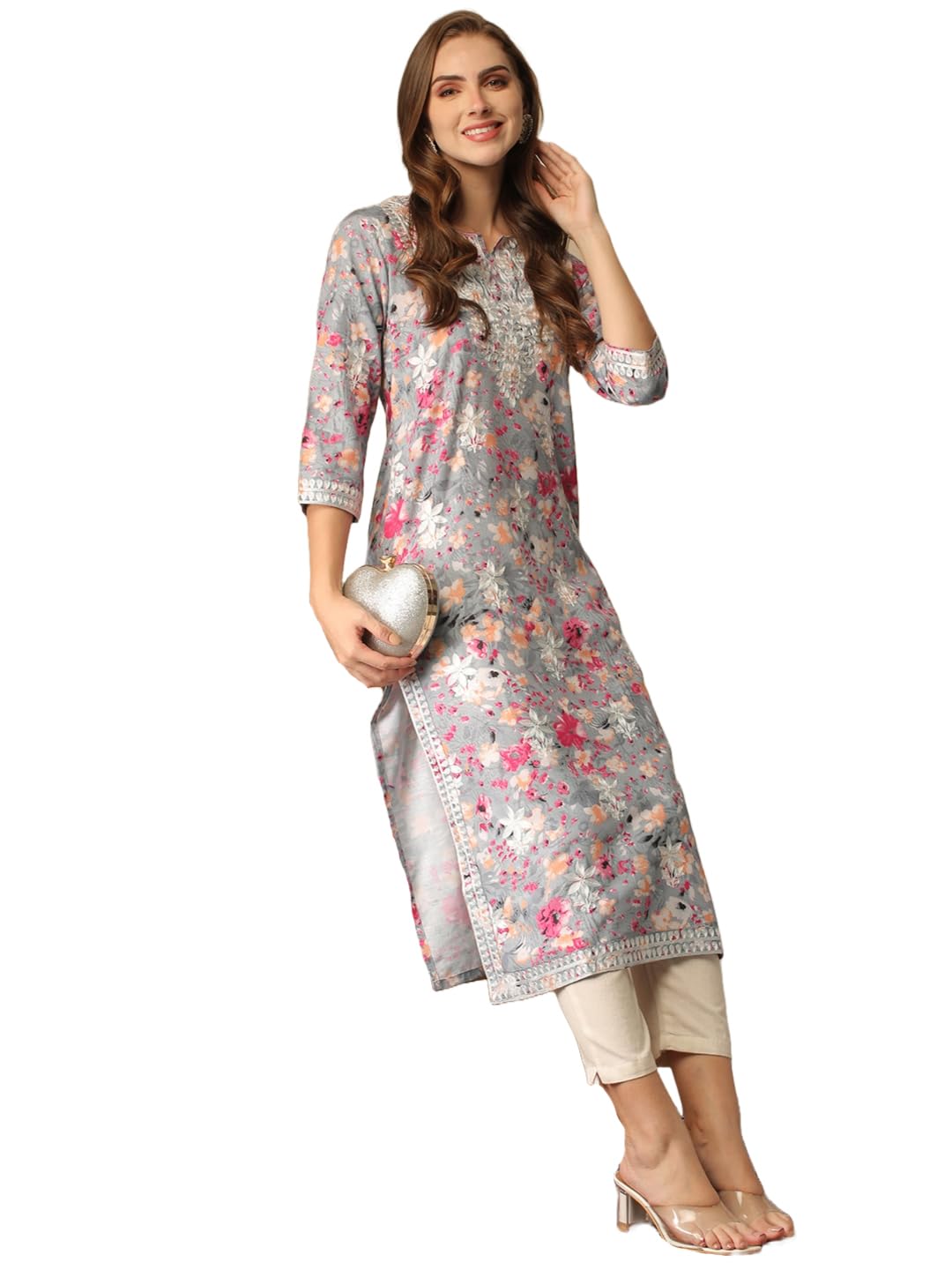 Anni Designer Women'S Rayon Blend Chikankari Embroidered Straight Kurta (Kisrup-Multi-Nw_L_Grey_Large),Grey,L,,,